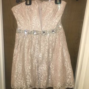 Mini strapless nude sparkly lace dress